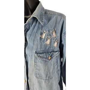 Vintage Great Land Halloween Ghost Embroidered Denim Shirt Womens Medium 90s